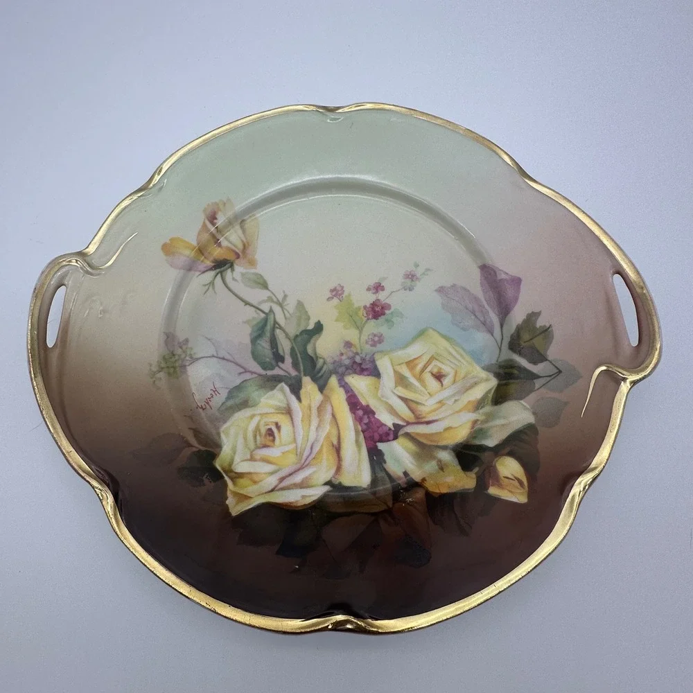 J&C Louise Bavaria Antique Porcelain Cake Plate Yellow Roses Gold Gilt Signed